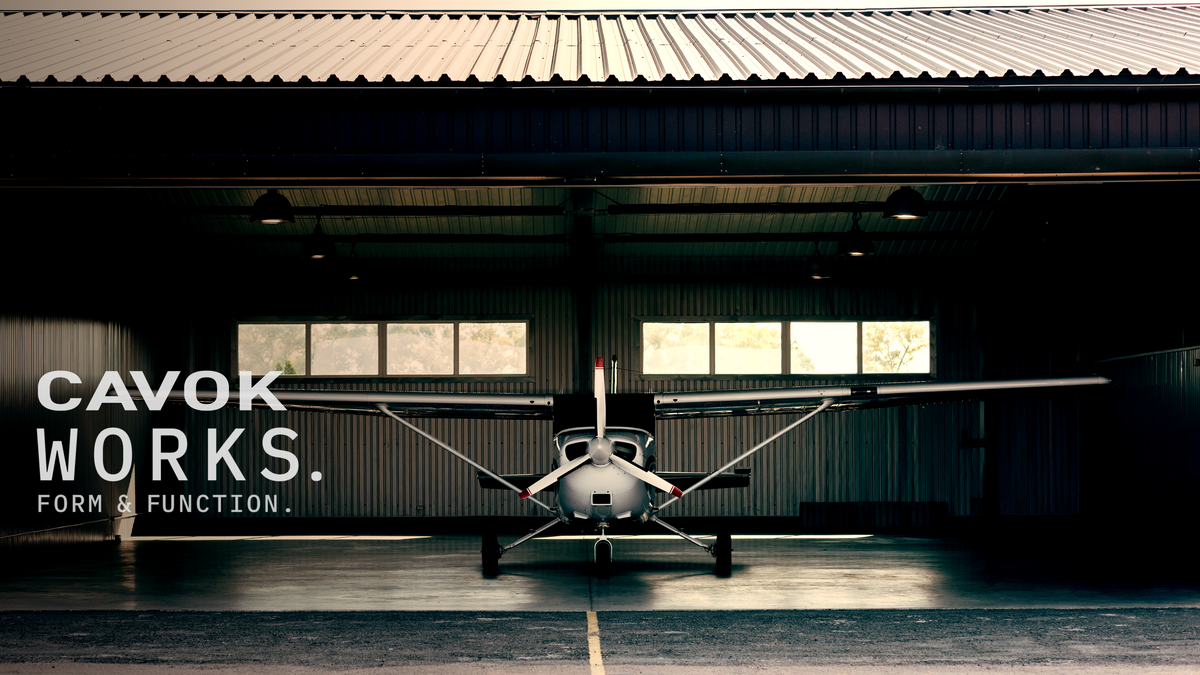 CAVOK Works Form and Function & Aviation accessories designs for use components parts aircraft in hangar front on